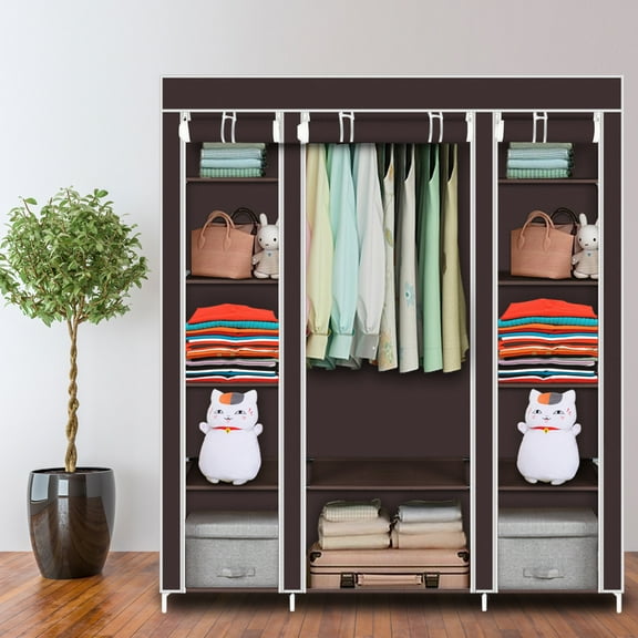 Cfowner 69"Portable Dark Brown Clothes Wardrobe, Storage Organizer with Non-Woven Fabric Quick and Easy to Assemble