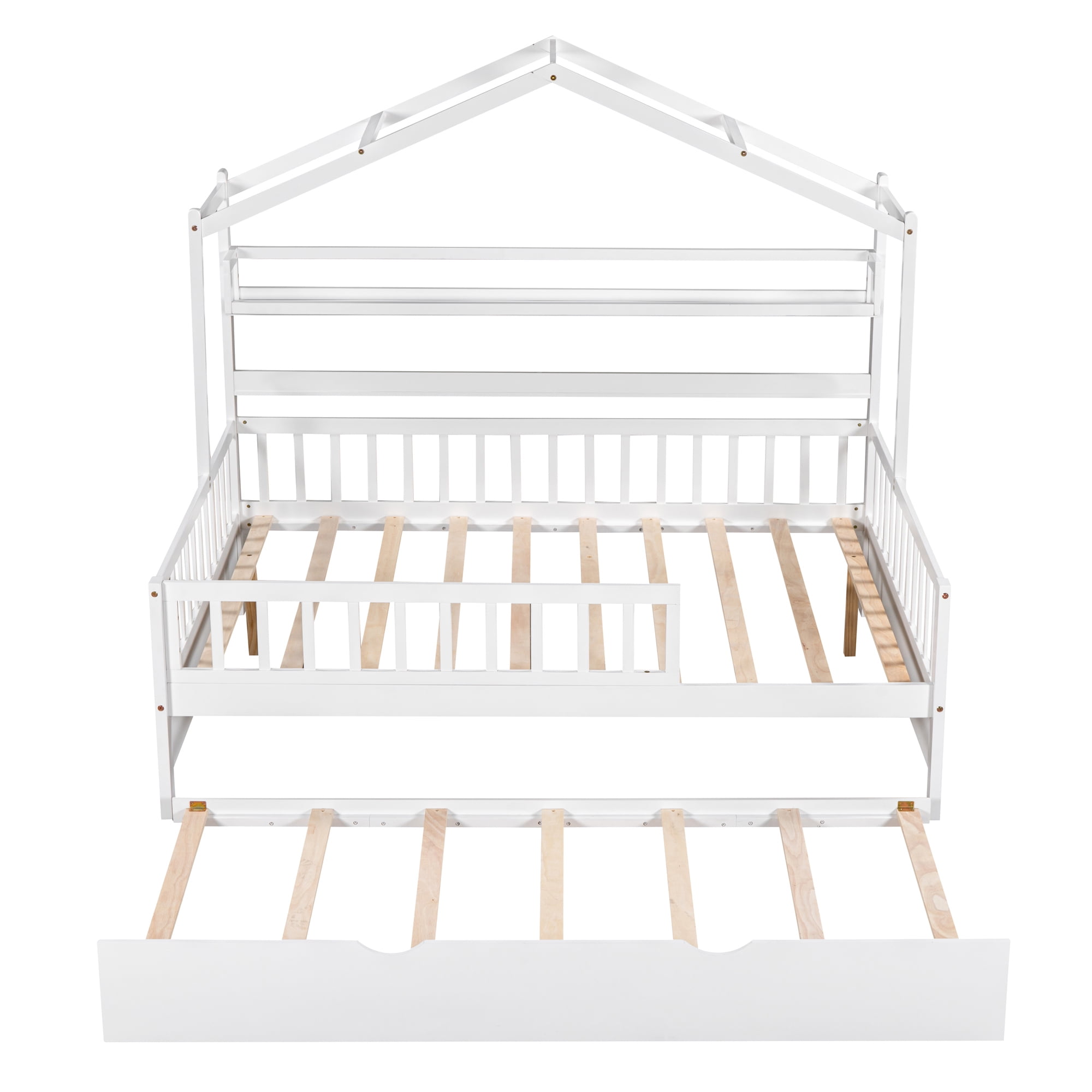 Euroco Wood Full Size House Bed with Trundle, Platform Bed with Bookshelf, White