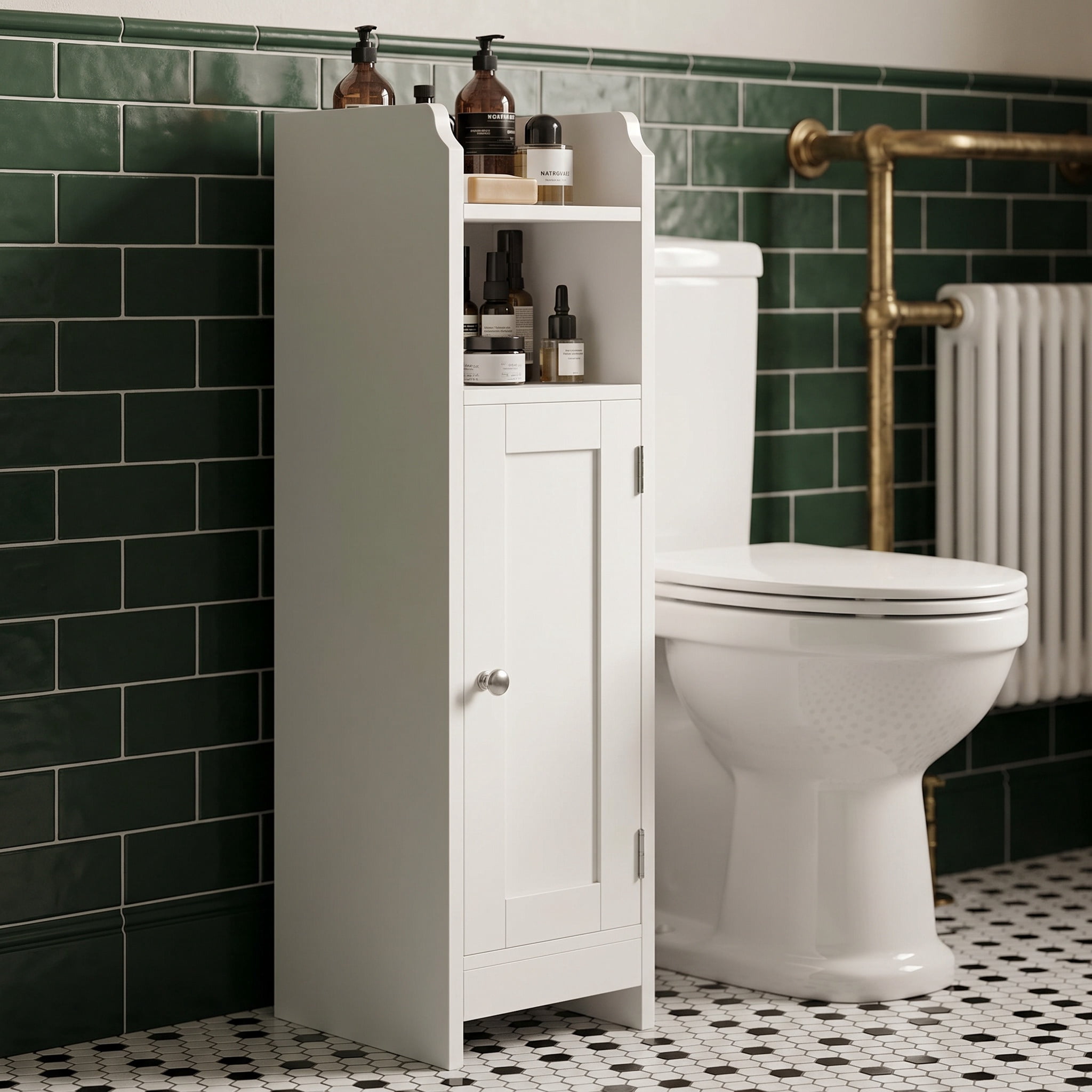 Nordic Hygge Slim Bathroom Storage Cabinet with Door and Adjustable Shelves, 31.5-Inch Height, Cloud White