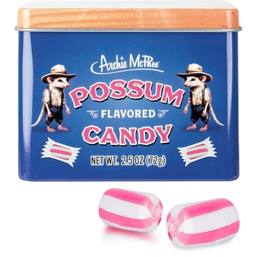 Archie McPhee Possum Flavored Hard Candy - 2.5 oz Tin, Individually Wrapped Pink and White Striped Candies, Tastes Like Possum, Novelty Gag Gift