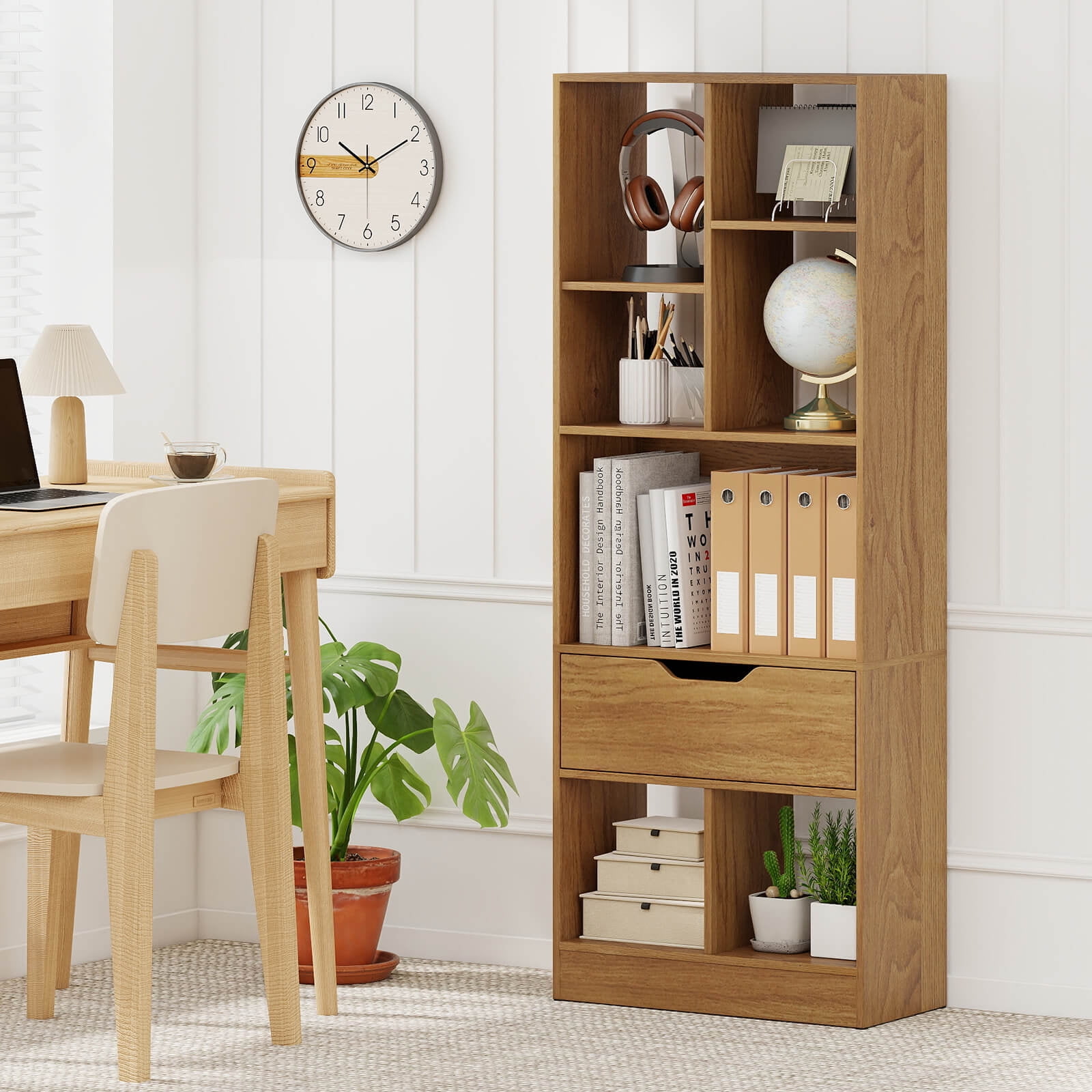 Costway 1 PCS 51” Tall Bookcase with Drawer 7 Open Cubes Anti-toppling Kits for Study Home Office Natrual