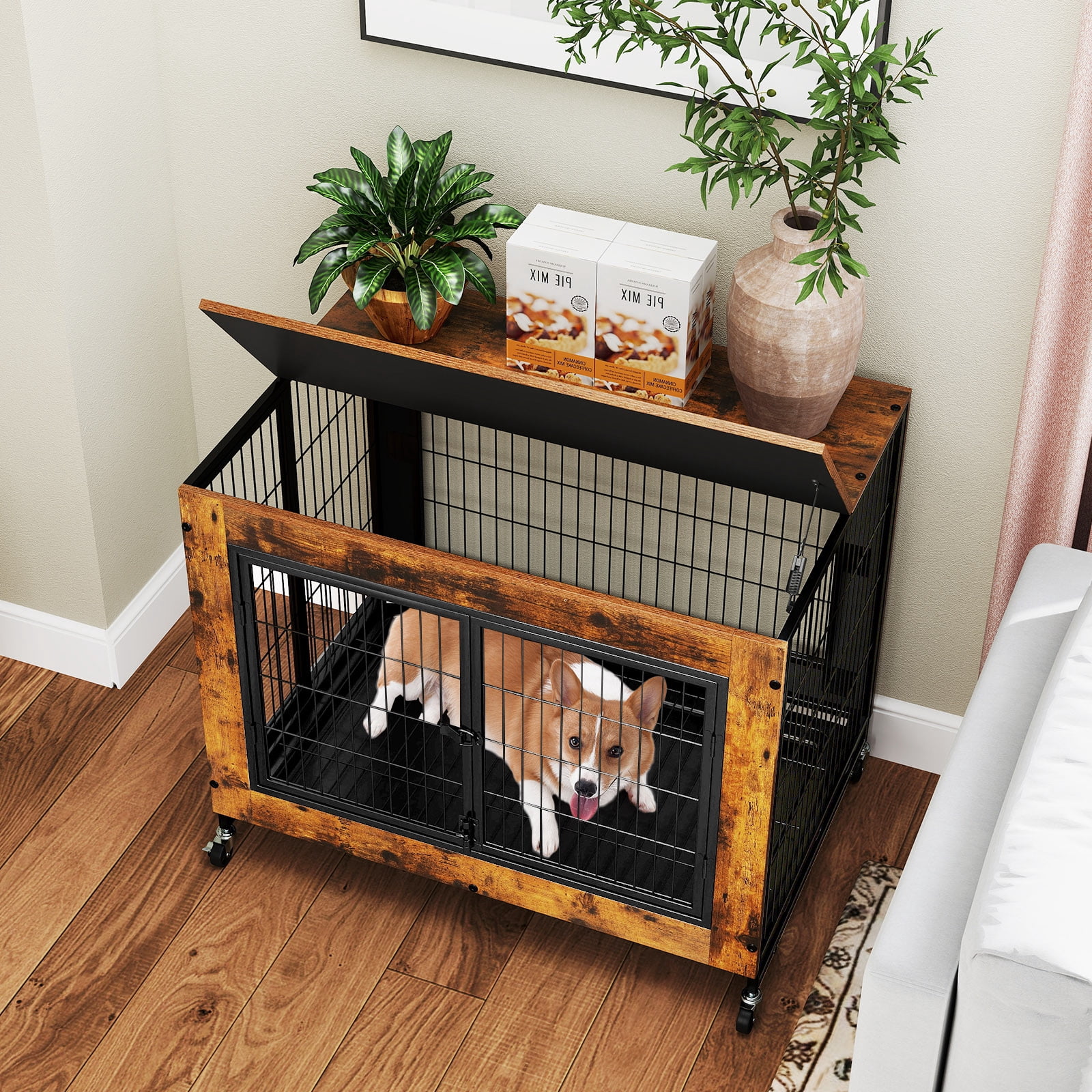 Gymax Dog Crate Furniture Industrial Dog Kennel w/ Flip-up Top Decorative Pet House Rustic Brown