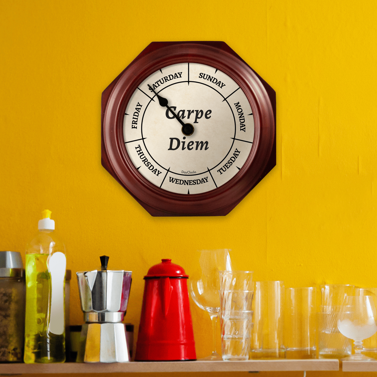 DayClocks "Carpe Diem" Day-of-the-Week Wall Clock with 10" Mahogany Wood Frame