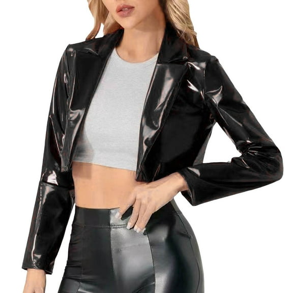 Women's Leather Jacket Shiny Metallic Long Sleeve Cropped Motorcycle Coat Women Extra Long Jacket Winter Coat Womens plus Size Fall Jacket Women Wool Coat Short Synthetic down Coat plus Size Fitted