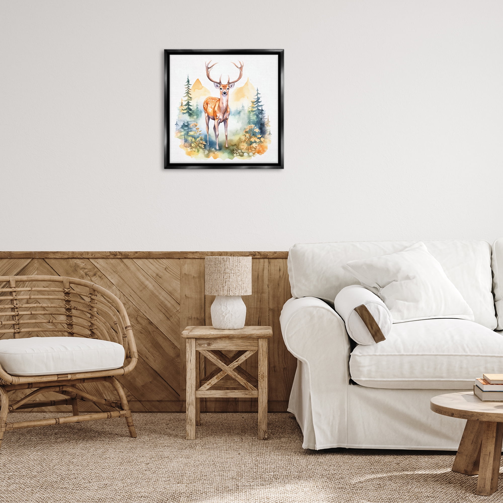 Stupell Industries Wild Deer with Mountains Animals Painting Black Floater Framed Canvas Art Print Wall Art, 25 x 25