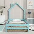 thumbnail image 2 of Floor Bed, Twin Size Montessori Bed with House Shape Headboard and Railings, Wood House Bed with Slats for Boys Girls, Low to Ground Height, No Box Spring Needed, Light Blue, 2 of 9
