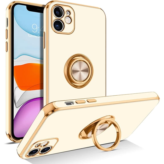 for iPhone 11 Case with Ring Holder, Shockproof Slim Kickstand Magnetic Support Car Mount Women Men Non-Slip Protective Phone Case for iPhone 11 6.1", Milky White/Gold