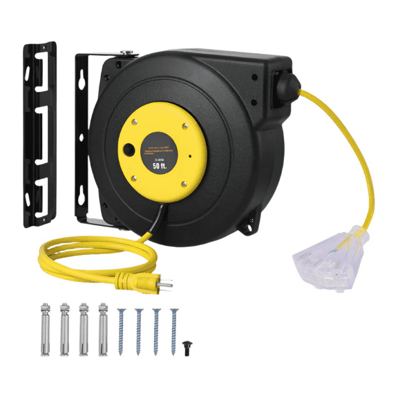 50ft Retractable Extension Cord Reel 14AWG/3C SJTOW Power Cord Yellow