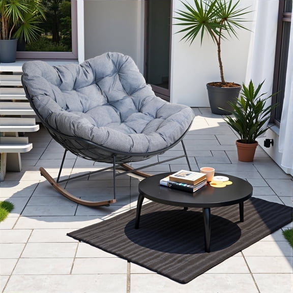 Oversized Rocking Chair, E-Coated Papasan Rocking Chair with Cushion, Outdoor Rocker Recliner Chair, Movie Chair, Livingroom Chair, Grey