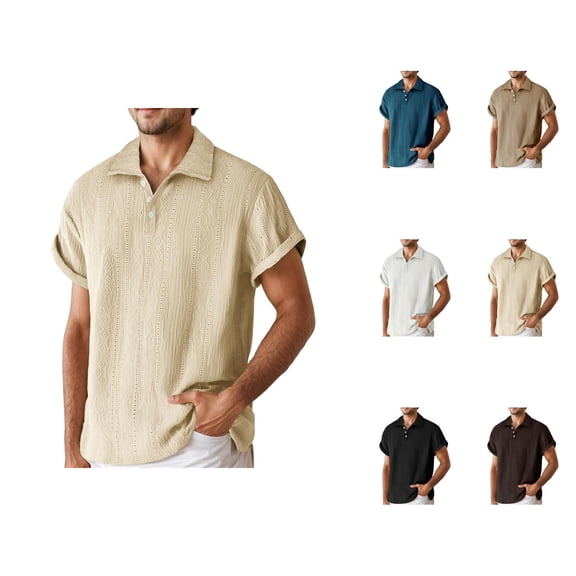 Short Sleeve Polo Shirts for Men Summer Casual Relaxed Fit Knit Textured Eyelet Breathable Tshirts Work Shirts