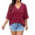 thumbnail image 1 of vdgthytj Womens Plus Size Tops Short Sleeve V-Neck Ribbed Knit Sweater Loose Fitted Summer Casual Tunic with Pocket, 1 of 7
