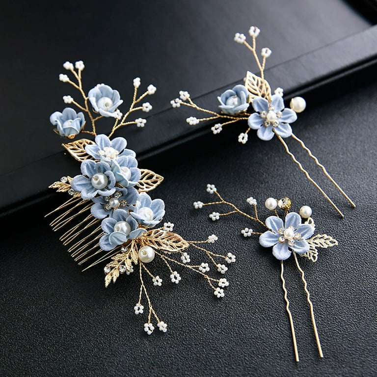 Anvazise 3Pcs Set U shaped Luxury Hair Combs Headwear Flower Faux Pearls Decor Hair Bun Sticks Hair Accessories Blue