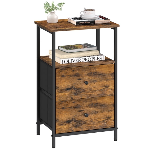 VASAGLE Mesita de Noche con 2 Cajones de Tela, Mesa Auxiliar, Mesilla Alta de 61 cm con Estante, para Sala de Estar, Dormitorio, Marrón Rústico y Negro Tinta