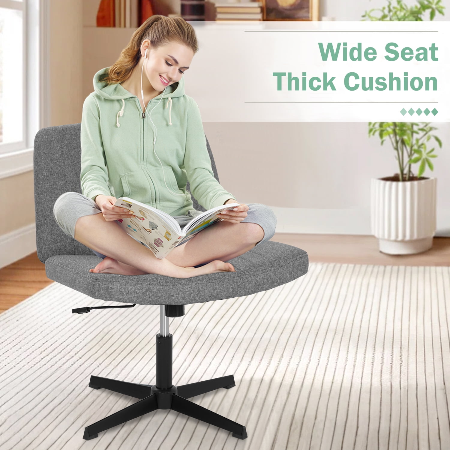 Criss Cross Chair, Armless Cross Legged Desk Chair Wide Seat Computer Task Chair Modern Height Adjustable Mid Back Chair No Wheels （Grey）