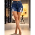 thumbnail image 3 of Women's High‑Rise Denim Shorts, Dark Blue Distressed Wash Ripped Shorts with Triple Button Closure, Contrast Yellow Stitching & Frayed Raw Hem, Sizes 6-20, 3 of 7
