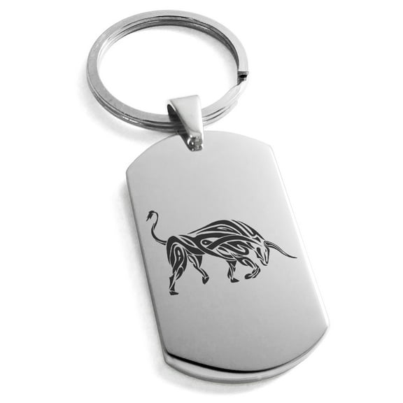 Tioneer Stainless Steel Celtic Bull Rune Engraved Dog Tag Keychain Keyring