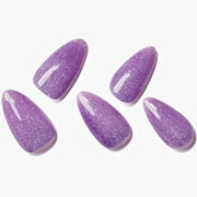 GLAMERMAID Purple Almond Press on Nails, Handmade Jelly Gel Fake Nail with Sliver Glitter, Galaxy Medium Almond Glue on Nail Stiletto, Silver Shrimmer Acrylic Short Oval Stick on False Nail for Women