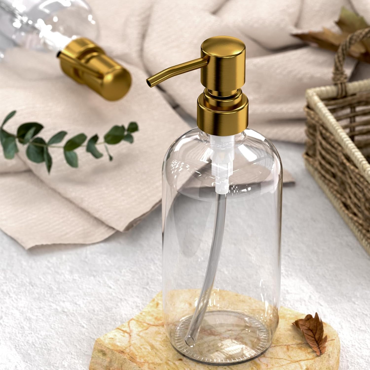 Soap Dispenser, 2 Pack Glass Soap Dispenser with Pump Stainless Steel, 17OZ Clear Gold Hand Soap Dispensers for Bathroom and Kitchen