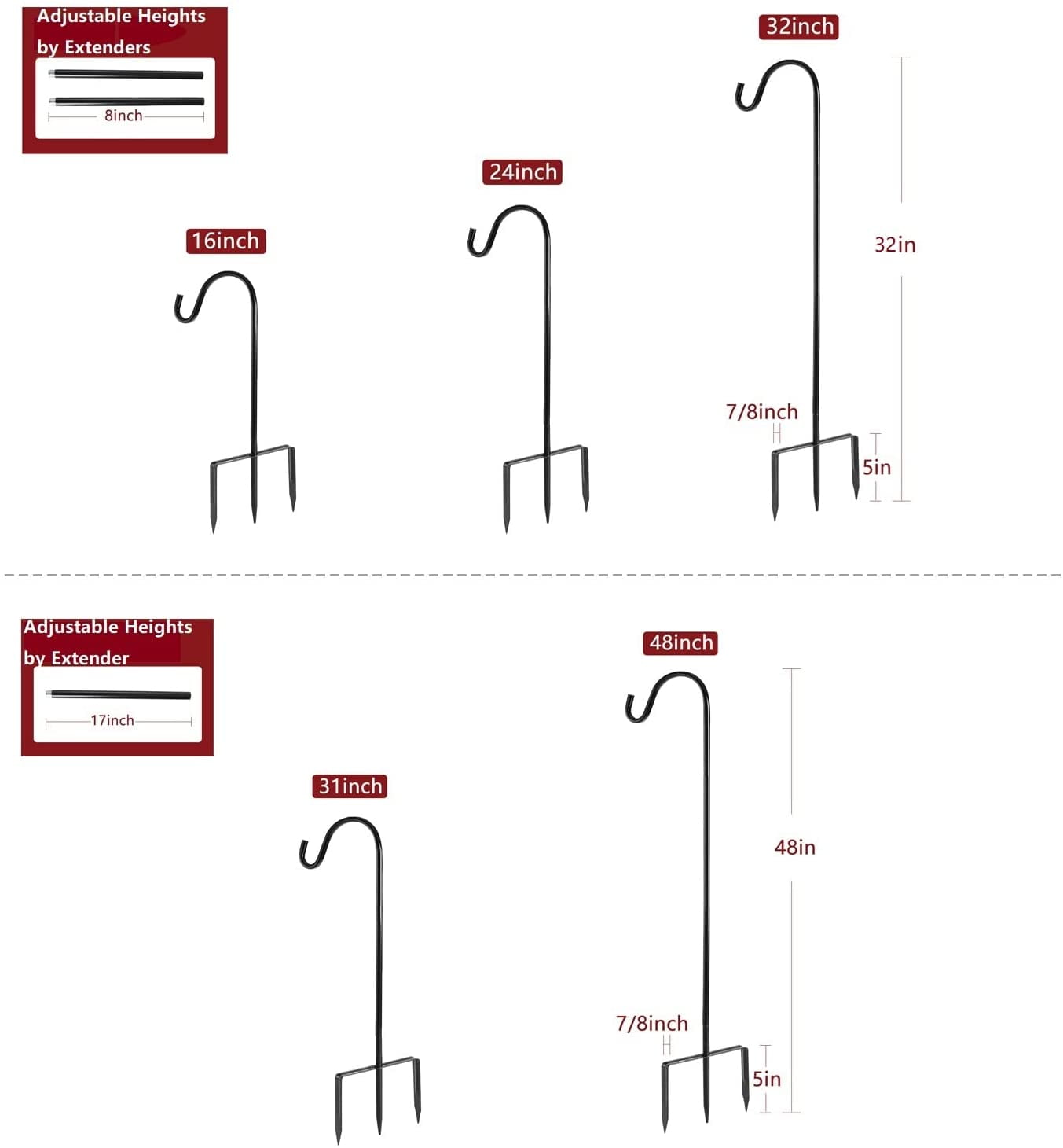 Shepherd Hook Adjustable Height 32/24/16’’ 1/2 inch Thick Use at Weddings, Hanging Solar Lights, Lanterns, Bird Feeders, Metal Hanger Hook (Black,32inch). U.S. Patent.