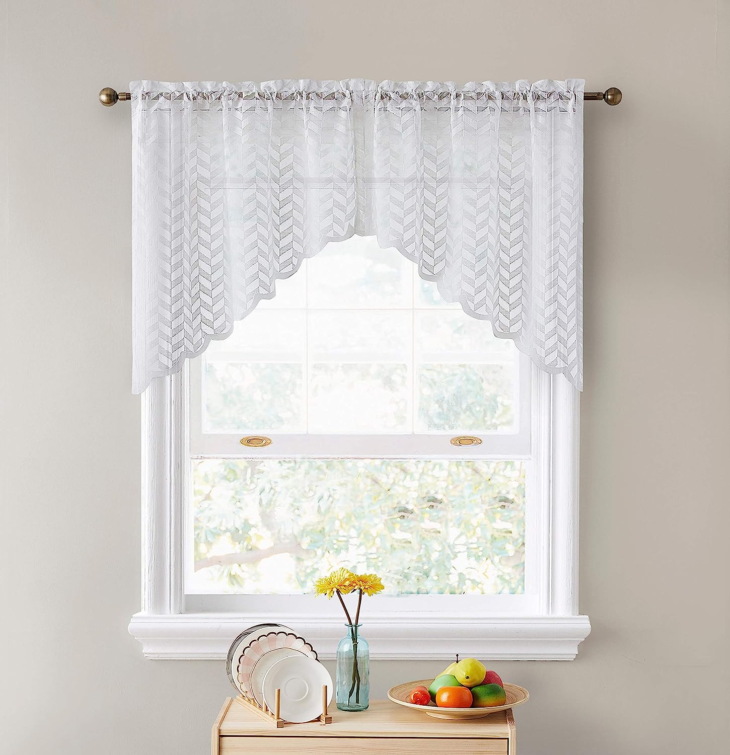 Herringbone Semi Sheer Voile Kitchen Cafe Curtain Panels Rod Pocket