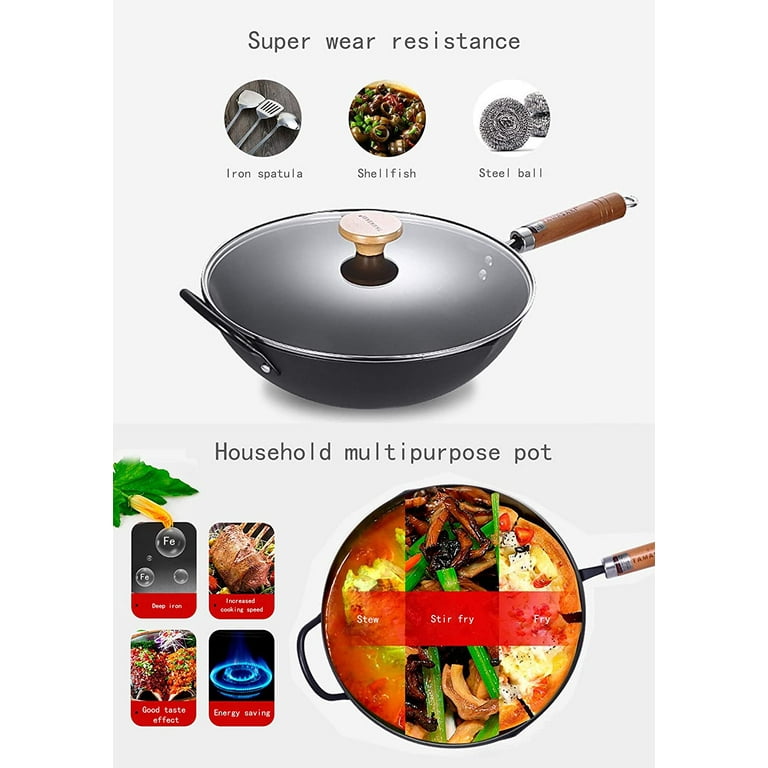 Cast Iron Wok with Lid, 13 Pre-Seasoned Flat Bottom Stir Fry Pan with  Wooden Handle Unbranded