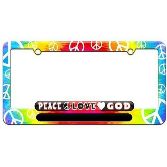 Peace Love God Religious License Plate Tag Frame, Tie Dye Peace Signs Design