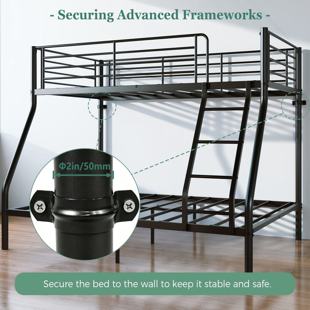 Twin Over Full Bunk Bed, Heavy Duty Metal Bunk Beds with Long Guardrail & Slanted Ladder, 650/750 lbs Capacity, Space Saving, No Box Spring, Black