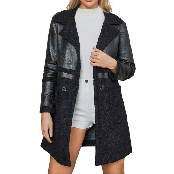Sherpa Jacket for Women Long Sleeve PU Leather Patchwork Button Notched Lapel Overcoat with Pockets Outerwear