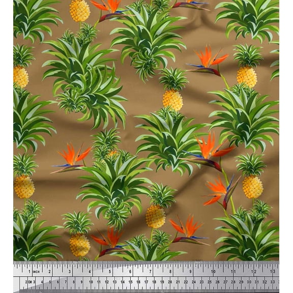 Soimoi Silk Fabric Leaves,Floral & Pineapple Fruits Print Sewing Fabric Yard 42 Inch Wide