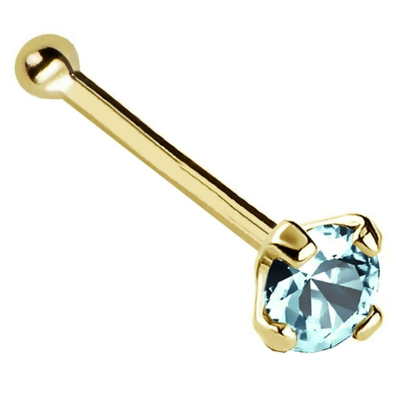 22G Solid 14Kt Gold Nose Bone Stud with Prong Set real Aquamarine Gemstone, 14kt Yellow Gold or 14kt White Gold - March Birthstone Nose Ring-NBYG_AQM-2.5MM