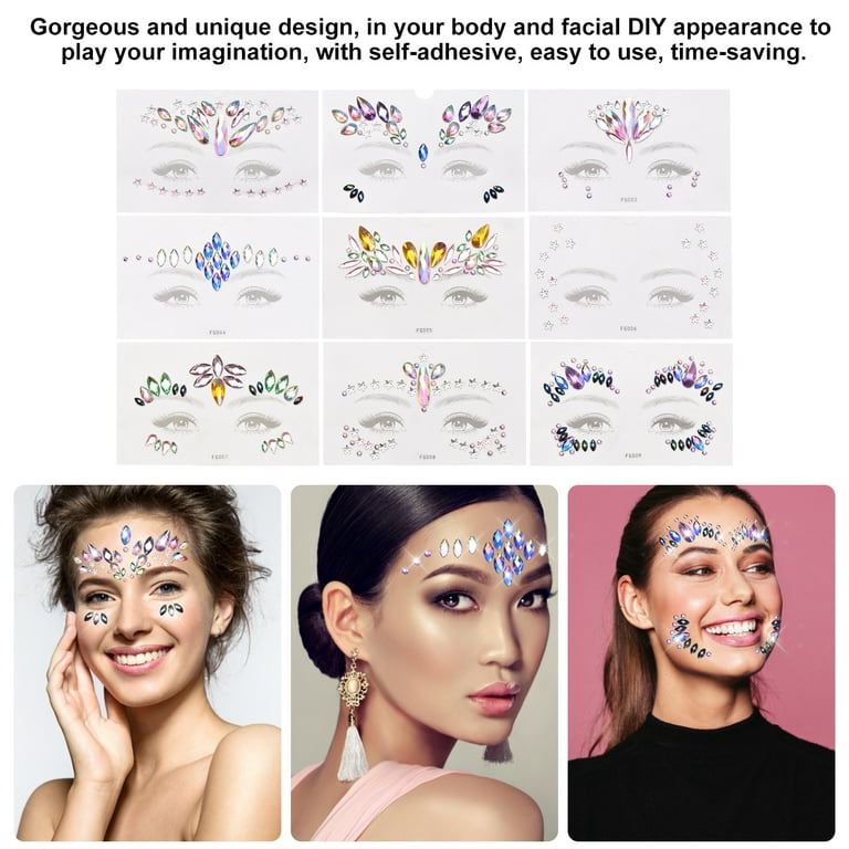 9 Sheets Face Gems Jewels Stick for Women Face Makeup Eyes Gems Crystal  Rhinestones Sticker Gift for Kids Costume Temporary Tattoos Festival Outfit  Single