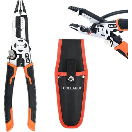 

TOOLEAGUE 10-in-1 Wire Stripper with Tool Pouch Cable Cutters C-RV Multifunctional Needle Nose Pliers for Electric Cable Stripping Cutting and Crimping