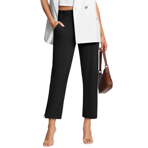 Womens Stretch Work Pants for Office, High Rise Straight Leg Trousers with Pockets, Wrinkle-Free Business Casual Bottom for Women