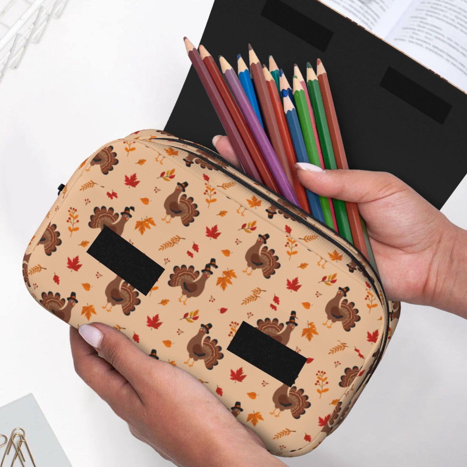 Rateoe Turkey And Autumn Leaves Pattern Double Clamshell Pen Case, Storage Organizer with Two Zipper Compartments– Holds Up to 50 Pencils & Pens