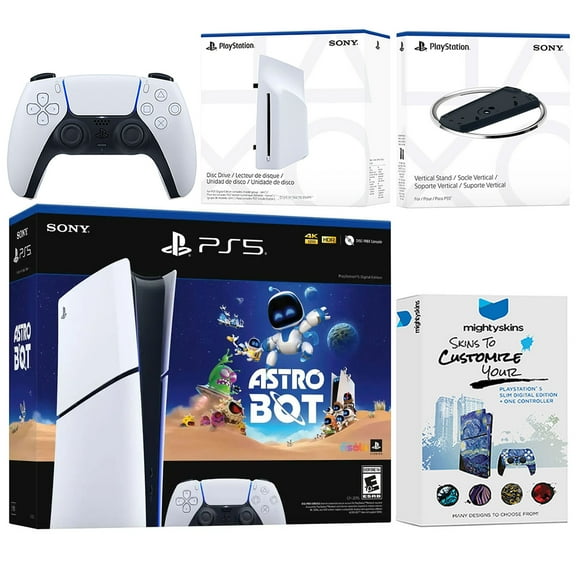 Sony PlayStation 5 Astro Bot Slim Digital Bundle with Disc Drive, Vertical Stand, and MightySkins Voucher