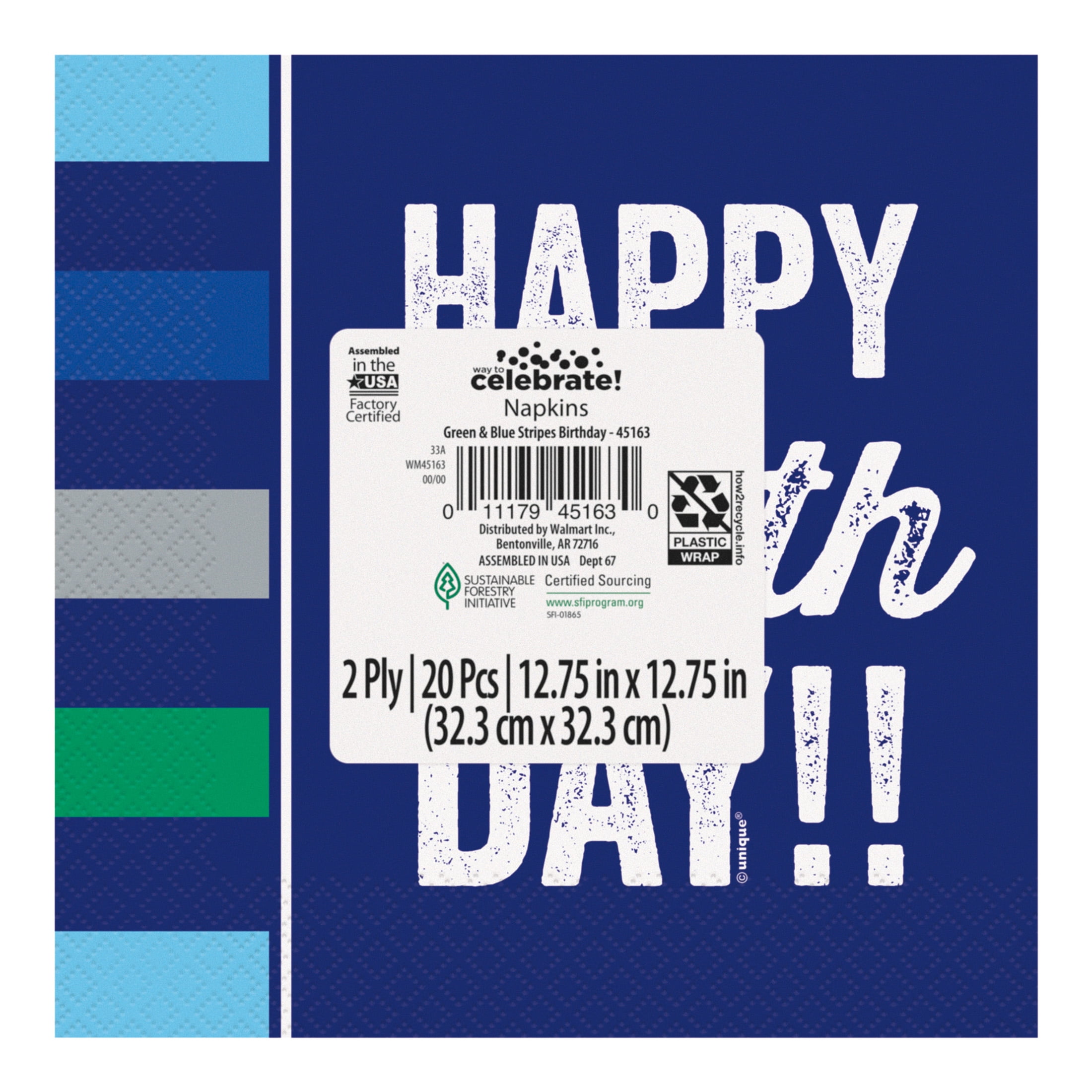 Way To Celebrate Happy Birthday Paper Napkins, Green and Blue Stripes, 20 Count, 6.5 in x 6.5 in