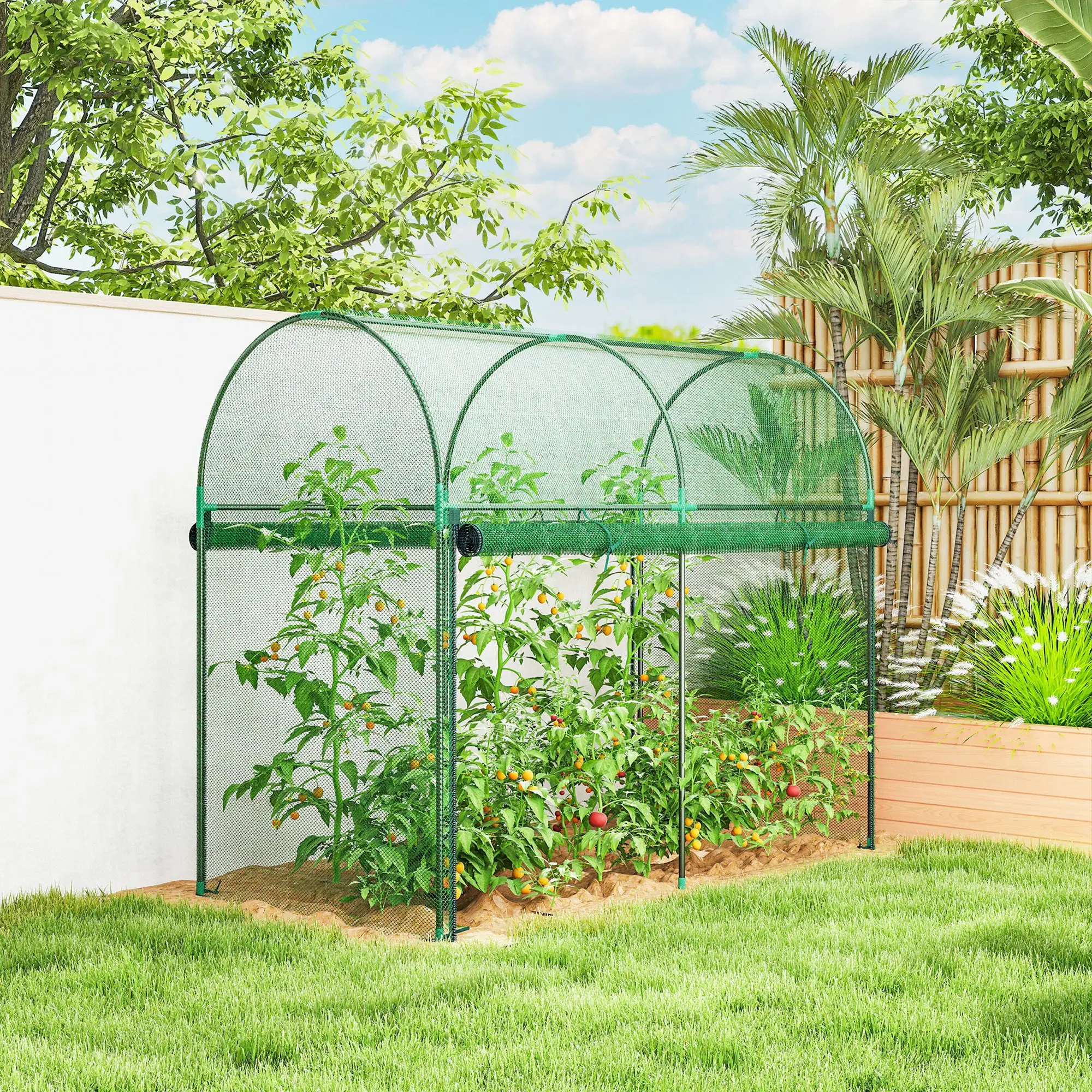 Plant Protector Crop Cage for Tall Vegetables & Climbing Crops, HDPE Mesh Cover, Powder-Coated Steel Frame, Roll-Up Zippered Door with U-Shaped Stakes