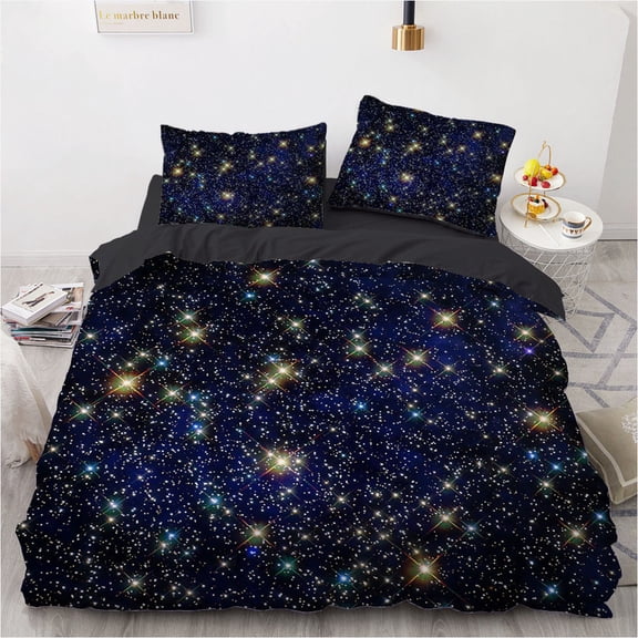 YJHDM 3D Printed Romantic Starry Sky Bedding Set, Space Planet Duvet Cover Pillowcase 2/3pcs, King Queen Bed Cover