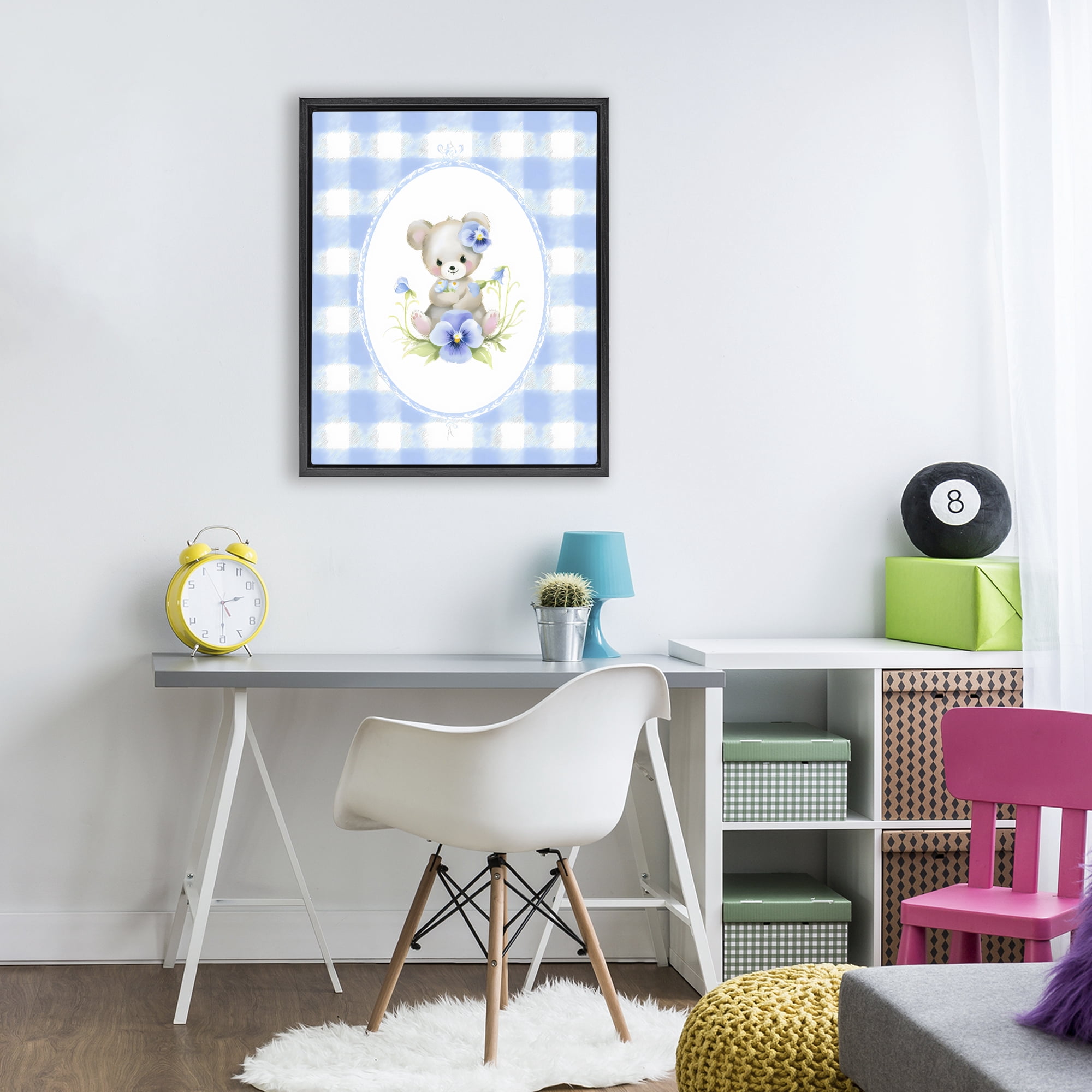 Stupell Industries Little Bear Blue Gingham Black Framed Floater Canvas Wall Art, design by Arlington Prints