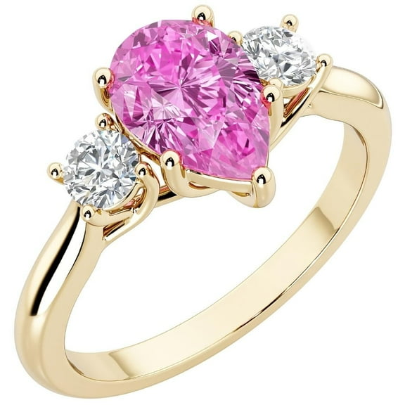 PEORA 14K Yellow Gold Pear Shape Created Pink Sapphire and Lab Grown Diamond 3 Stone Trellis Ring, 2 Carats total, Size 9.5