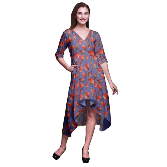 Bimba Cotton Purple Buds & Magnolia Floral Womens V Neck Asymmetrical Pocket Shift Dress Short Sleeve Midi Dress-XX-Large