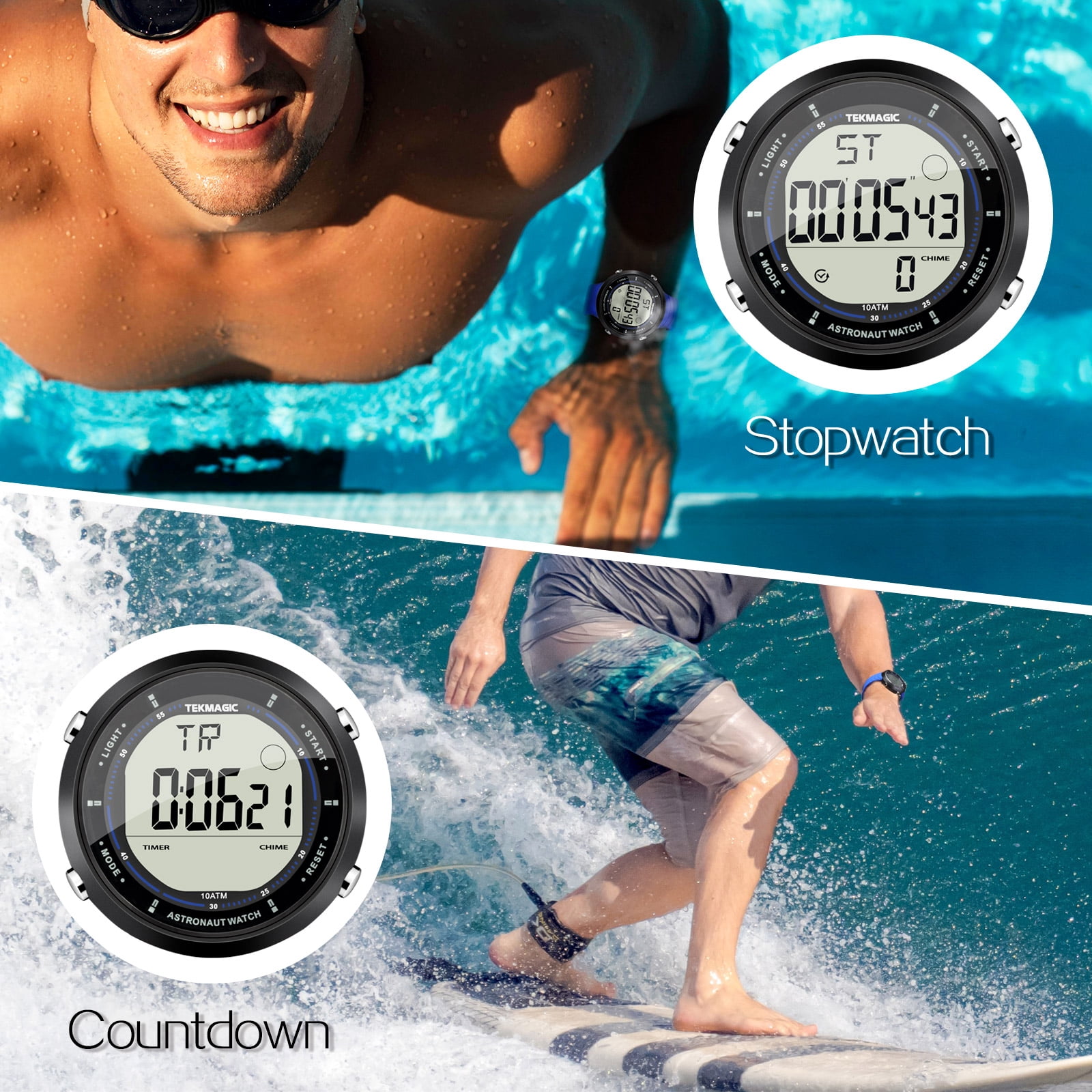 Big Face Sports Wrist Watch 10 ATM Waterproof for Men Swimming and Diving with Alarm Clock, Stopwatch, Timer, Dual Time Zone, Calendar, Backlight, 12 or 24 Hours Format