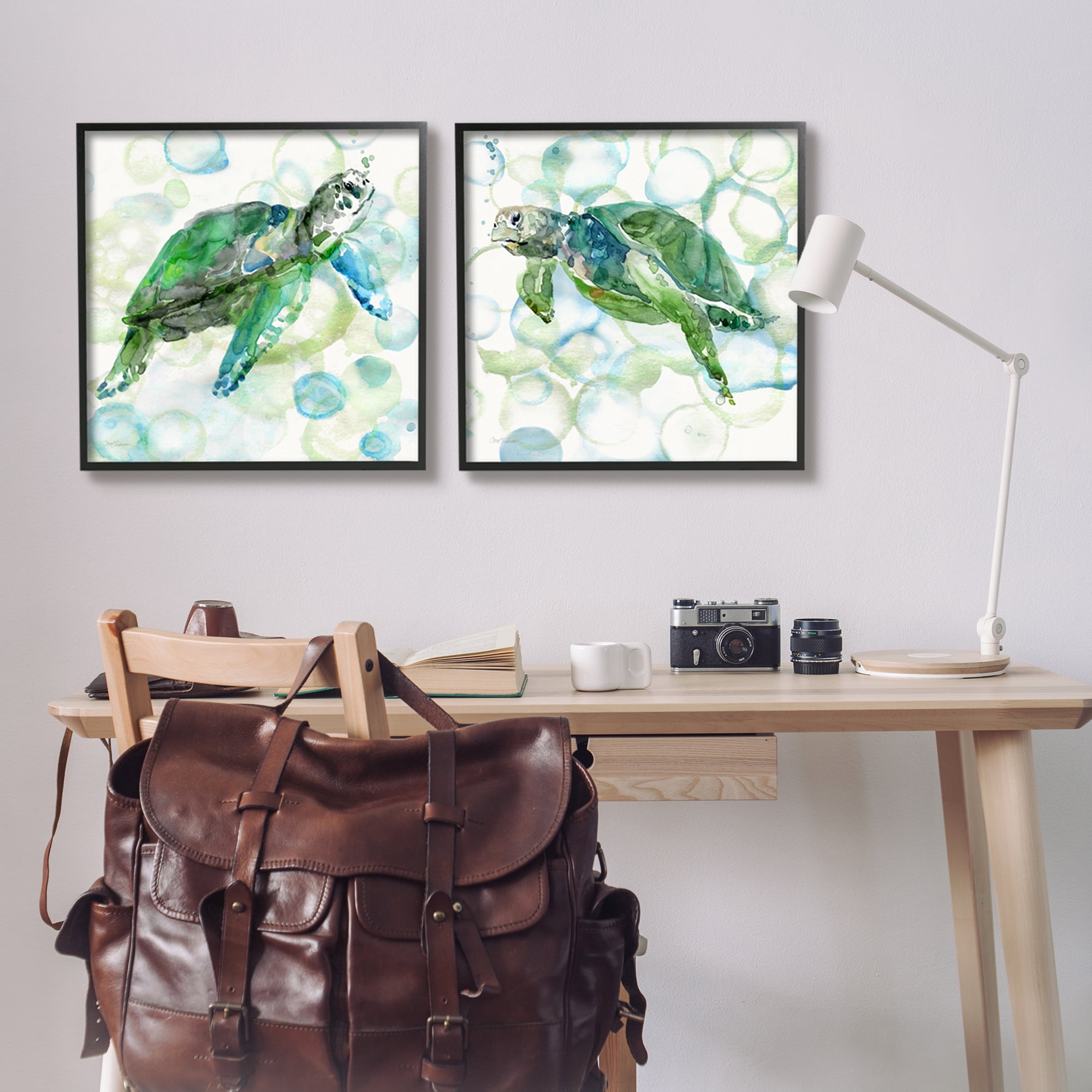 Stupell Industries Swimming Sea Turtle Floating Underwater Beach Bubbles Painting Black Framed Art Print Wall Art, Set of 2, Design by Carol Robinson