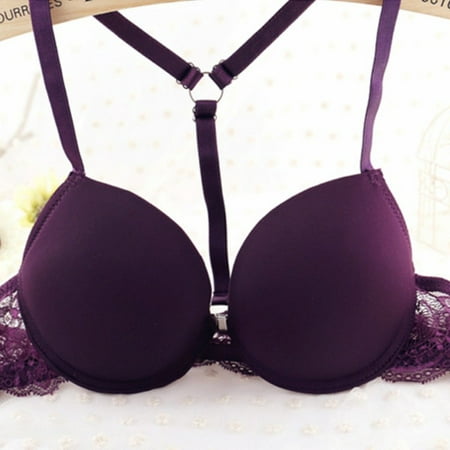 

Promotion Clearance! Womens Front Closure Lace Racer Back Racerback Push Up Bras Seamless Bra +Thong Purple 32