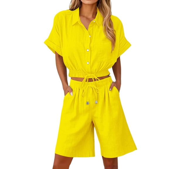 UAMVSH Travel 2 Piece Sets Cotton Linen Beach Vacation Outfits Short Sleeve Button down Shirts and Bermuda Shorts Loungewear(X-Large,Yellow)