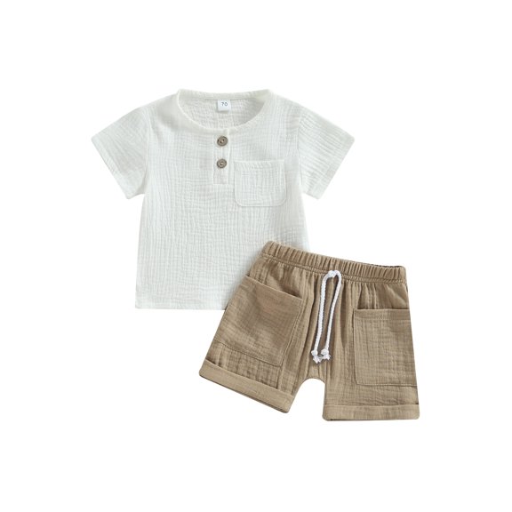 VOLTEY Toddler Baby Boys Summer 2PCS Outfits, Kids Boys Solid Color Short Sleeve T-shirt with Breast Pocket and Casual Elastic Shorts Clothes Set, 0-24 Months 2-3 Years
