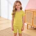 thumbnail image 2 of larppty Girls Shorts Set 2‑Piece Ribbed Knit Summer Outfit Short Sleeve Top & Elastic Waist Shorts Casual Playwear（Yellow， 2-3 Years）, 2 of 5