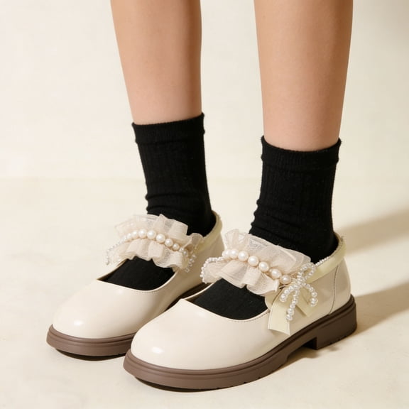 absuyy Girls Mary Jane Dress Shoes Casual Chunky Sole Pearl Lace Accents Flats for School Party ,Beige Size 3.5-4T