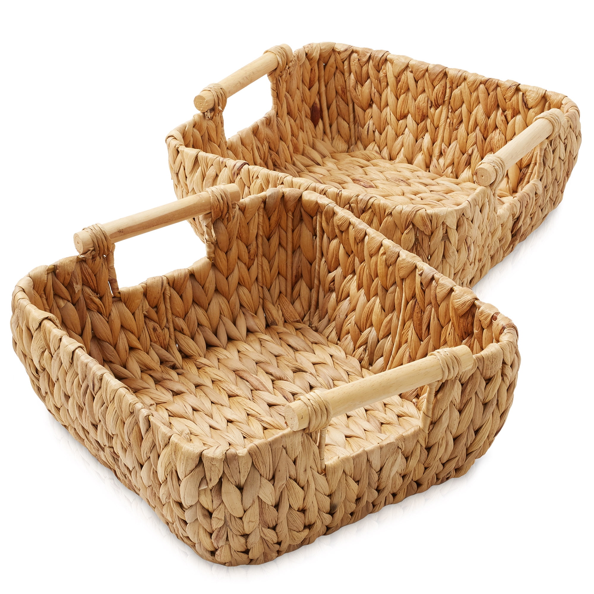 Casafield (Set of 2) Water Hyacinth Oval Storage Baskets with Wooden Handles - Small Woven Bin Organizers