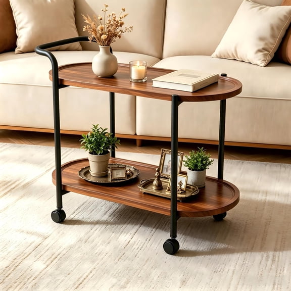 2-Tier Side Table with Wheels, Wood End Table for Small Spaces, Living Room, Bedroom, Kitchen, Rustic Brown